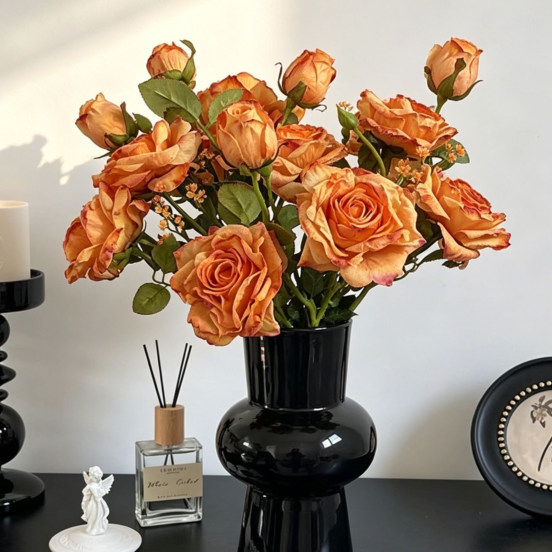 Vintage Burnt Edge Artificial Rose, Orange Warm Decor, 5 Pack