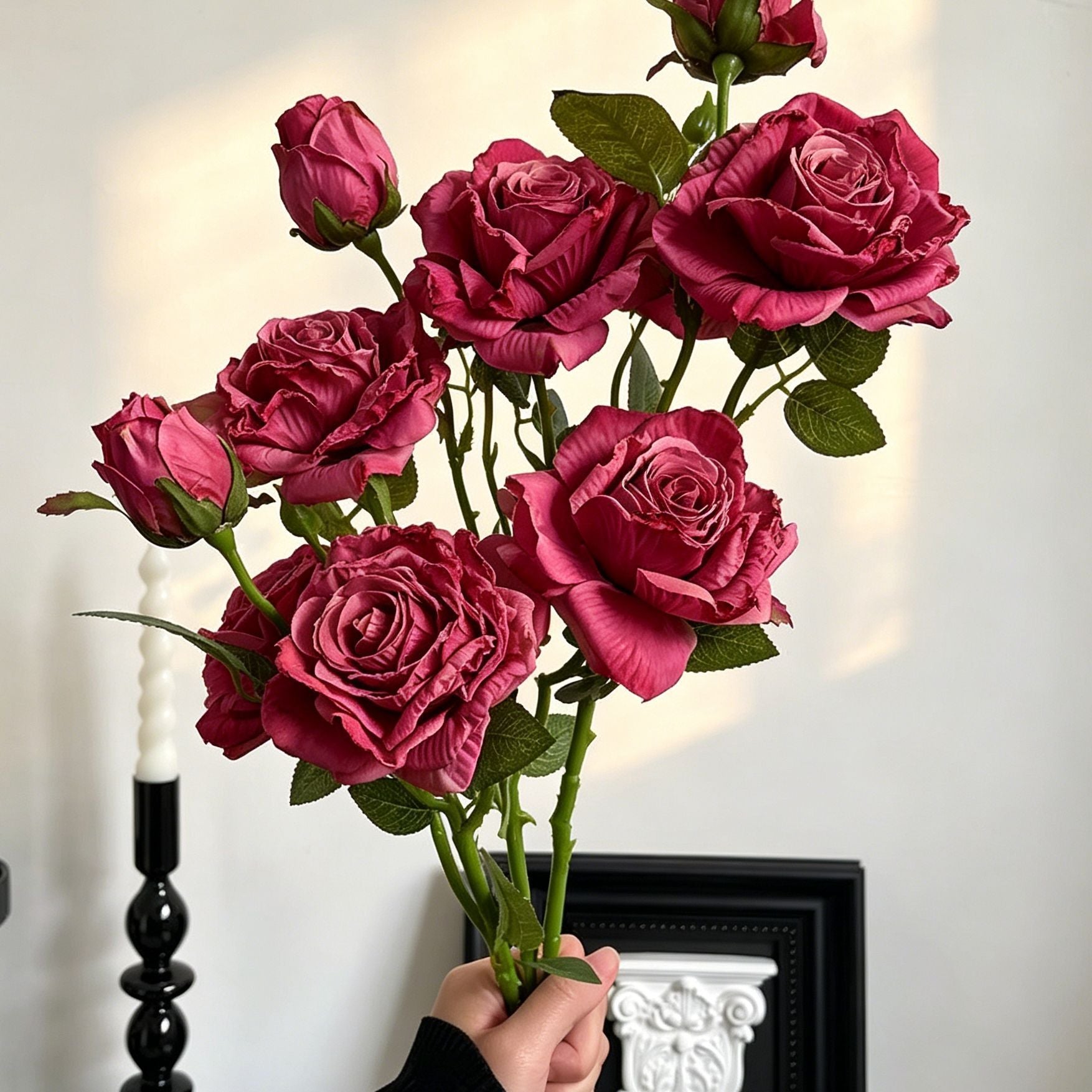 Vintage Burnt Edge Artificial Rose, Fuchsia Romantic Decor, 3 Pack