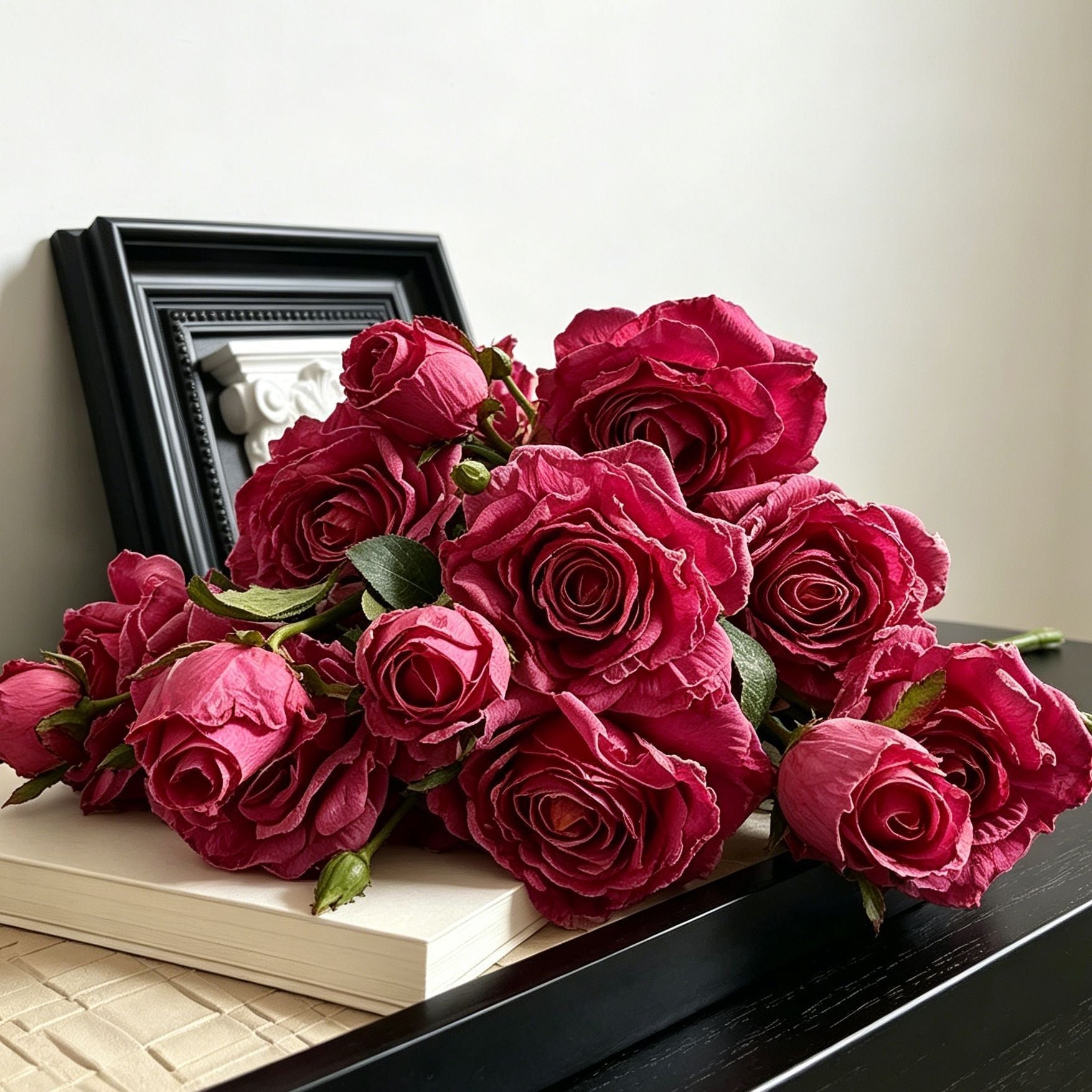 Vintage Burnt Edge Artificial Rose, Fuchsia Romantic Decor, 5 Pack