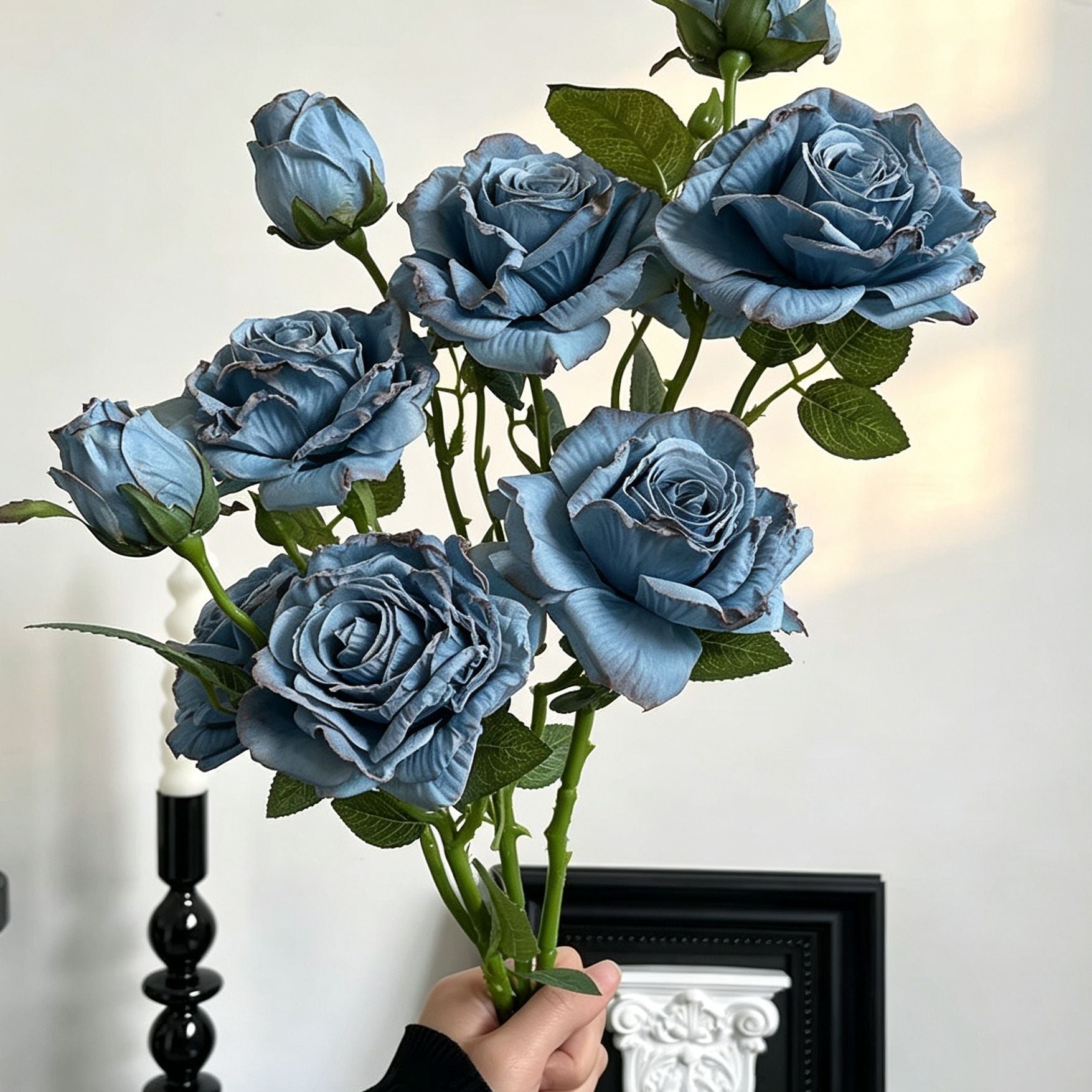 Vintage Burnt Edge Artificial Rose, Blue Calming Decor, 5 Pack