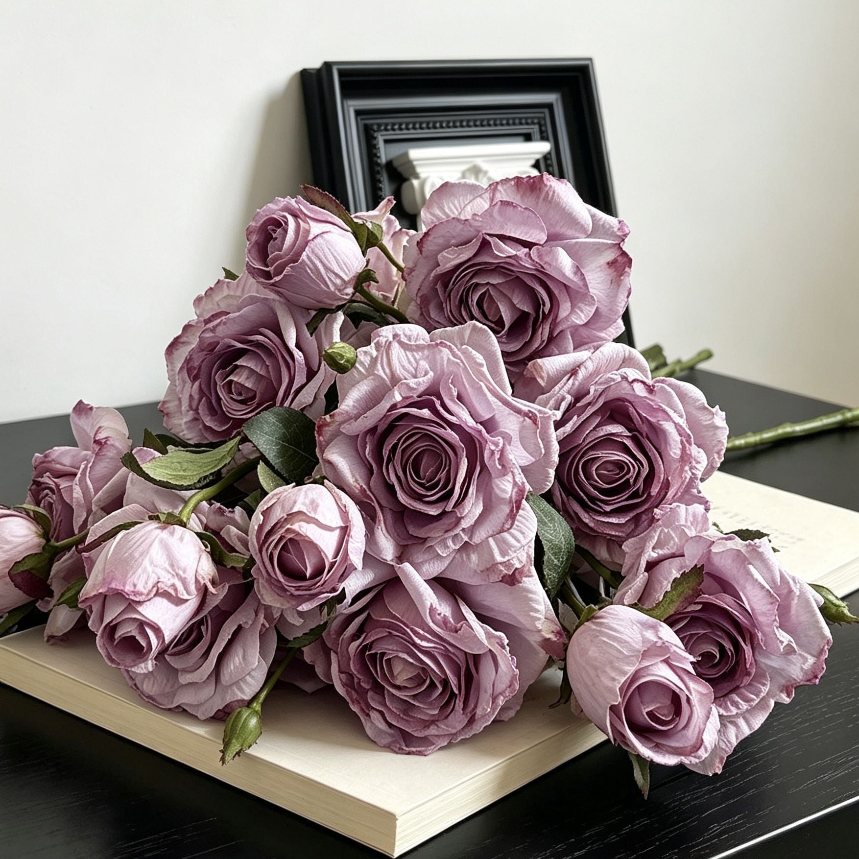 Vintage Burnt Edge Artificial Rose, Purple Dreamy Decor, 5 Pack