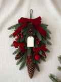 Xmas Teardrop Pine Swag, Red Velvet Bow Wall Door Hanging