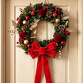 2pk Xmas Wreath Gold Leaf Red Bow, 50cm Diameter
