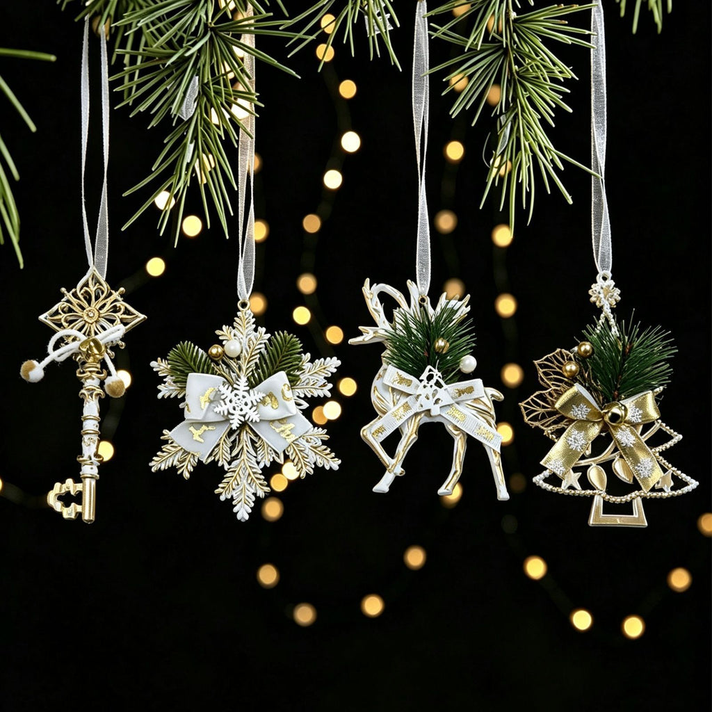 1pk White Gold Vintage Xmas Tree Hanging Ornament