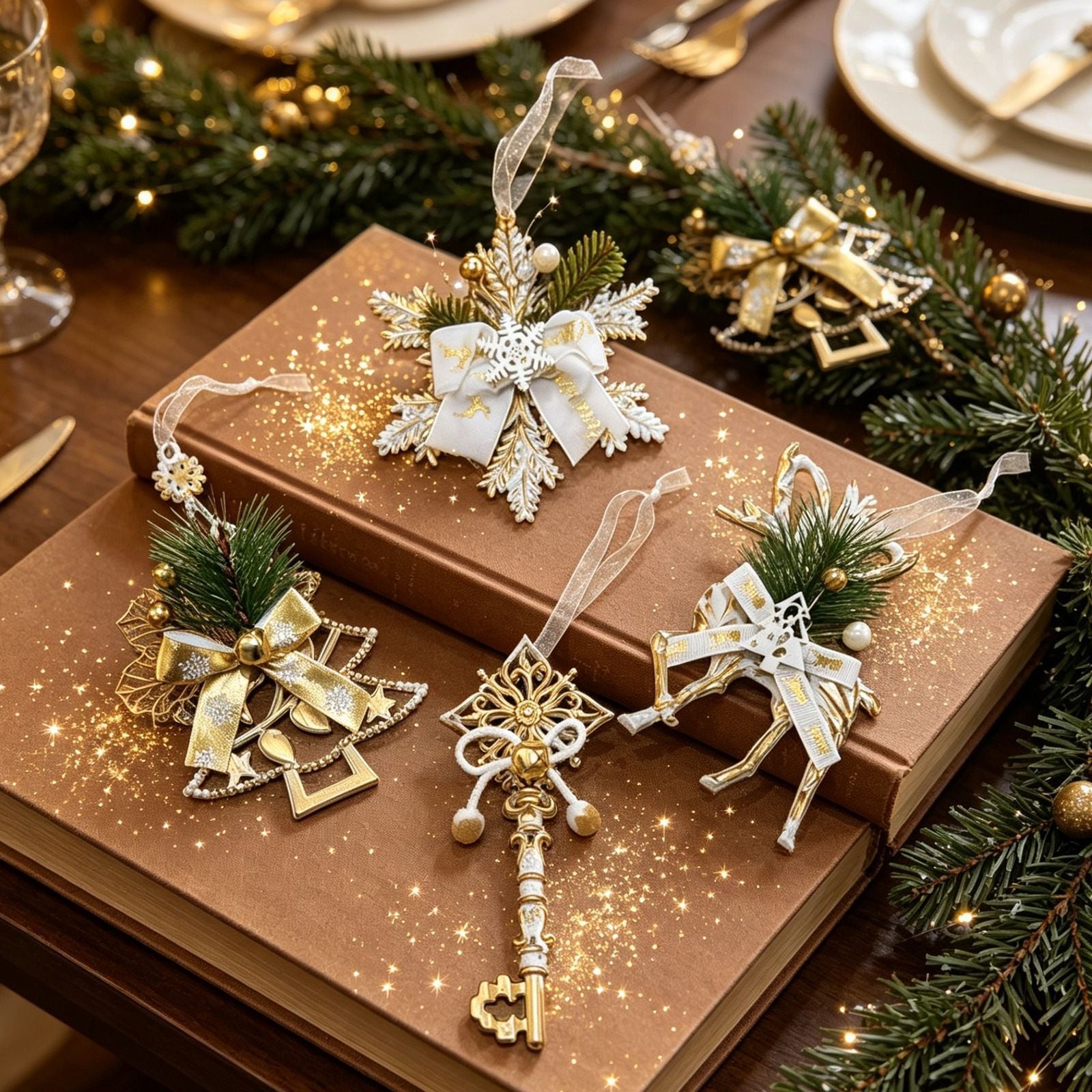3pk White Gold Vintage Xmas Tree Hanging Ornament