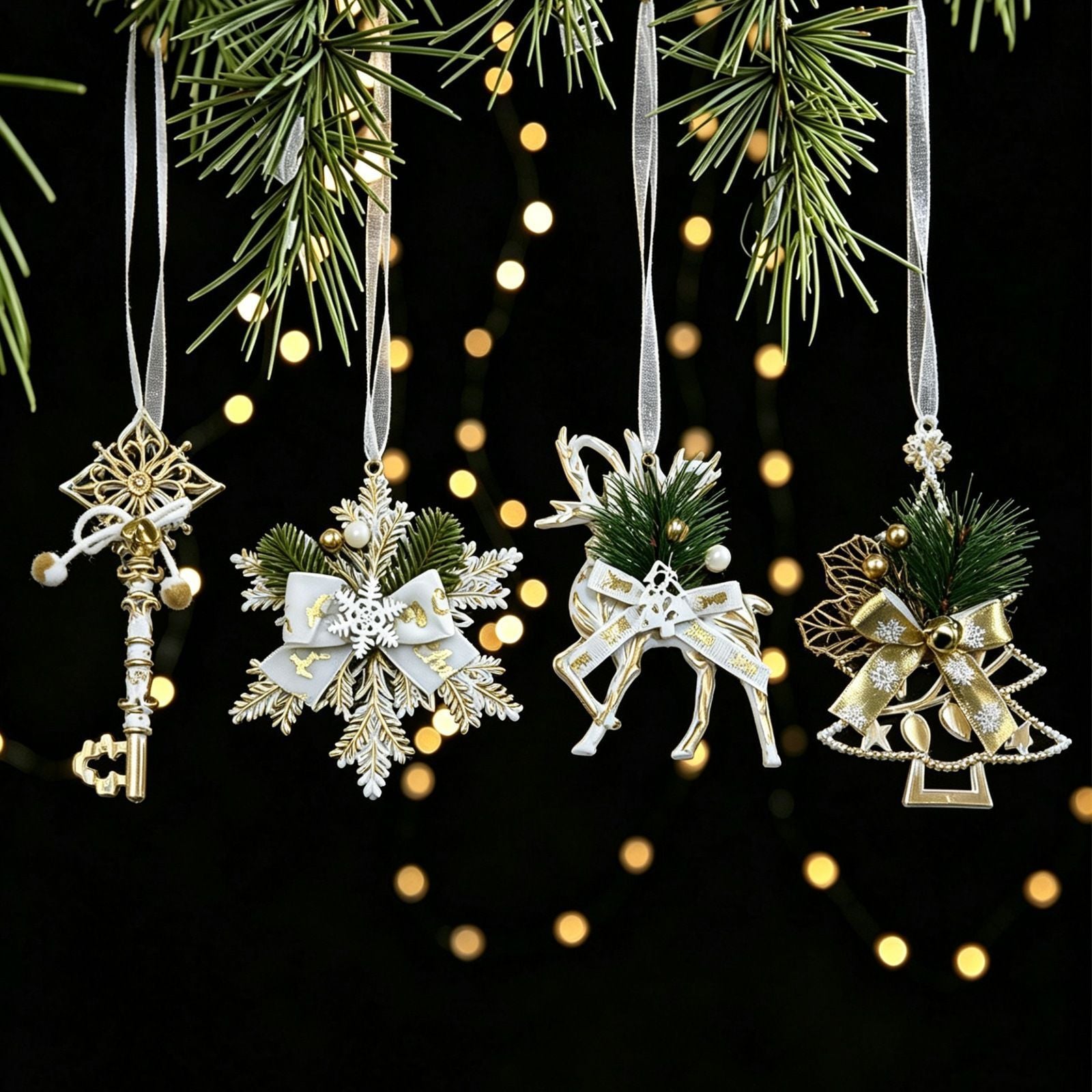 3pk White Gold Vintage Reindeer Xmas Bauble