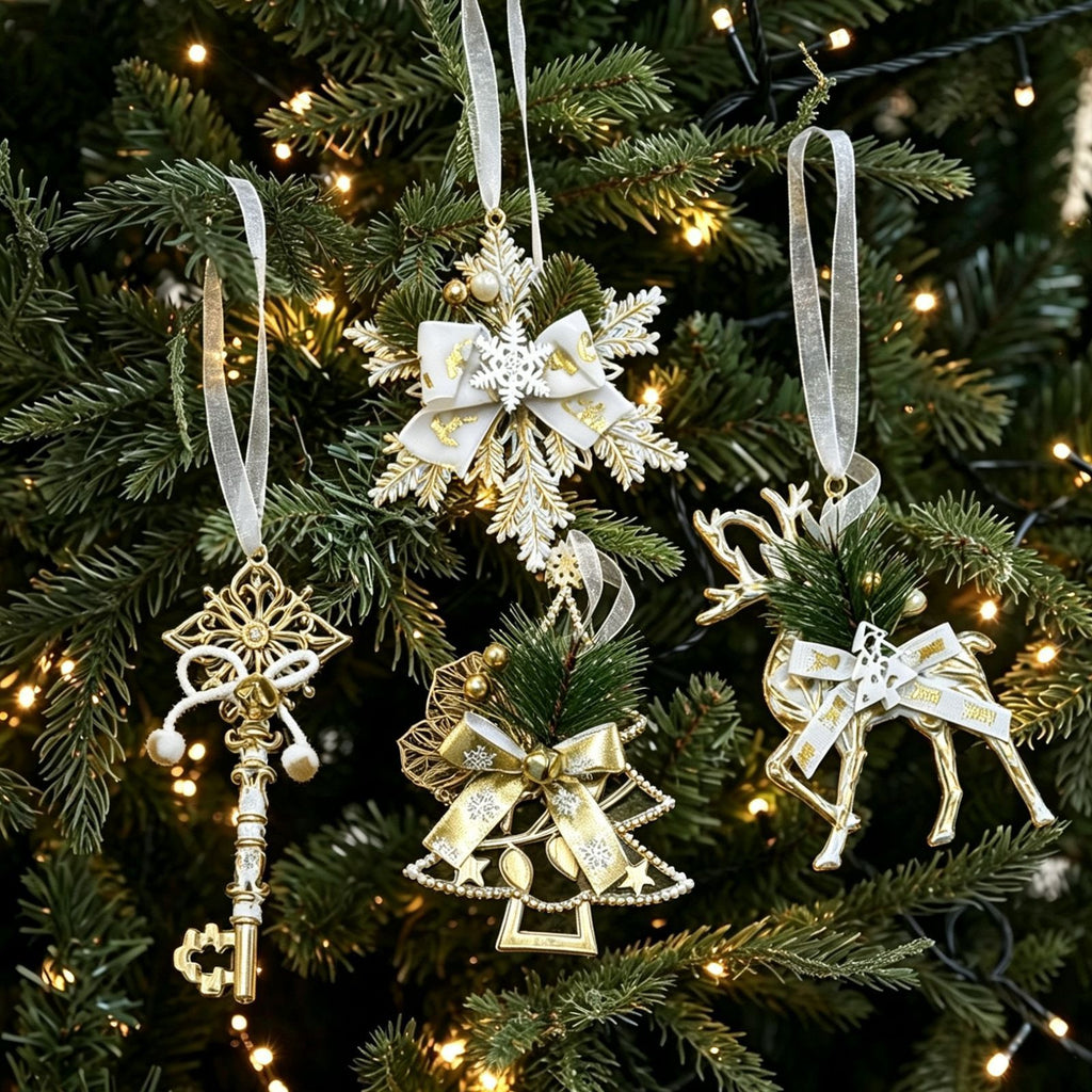 4pk Assorted White Gold Xmas Ornaments (Tree/Reindeer/Snowflake/Key)