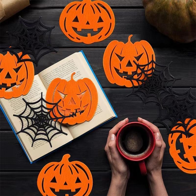 2pk Mixed Pumpkin & Spider Web Halloween Felt Coasters