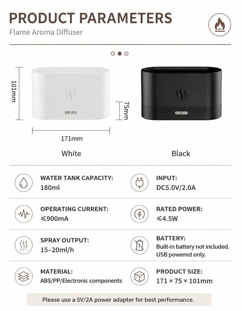 USB Flame Aroma Diffuser, White RGB Light, Festive Gift