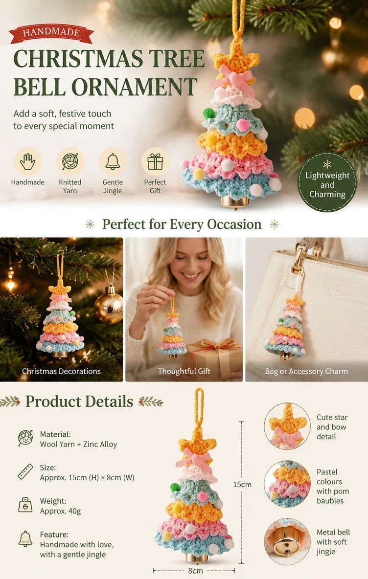 Crochet Xmas Tree Bell Ornament Style B, Lovely Holiday Present