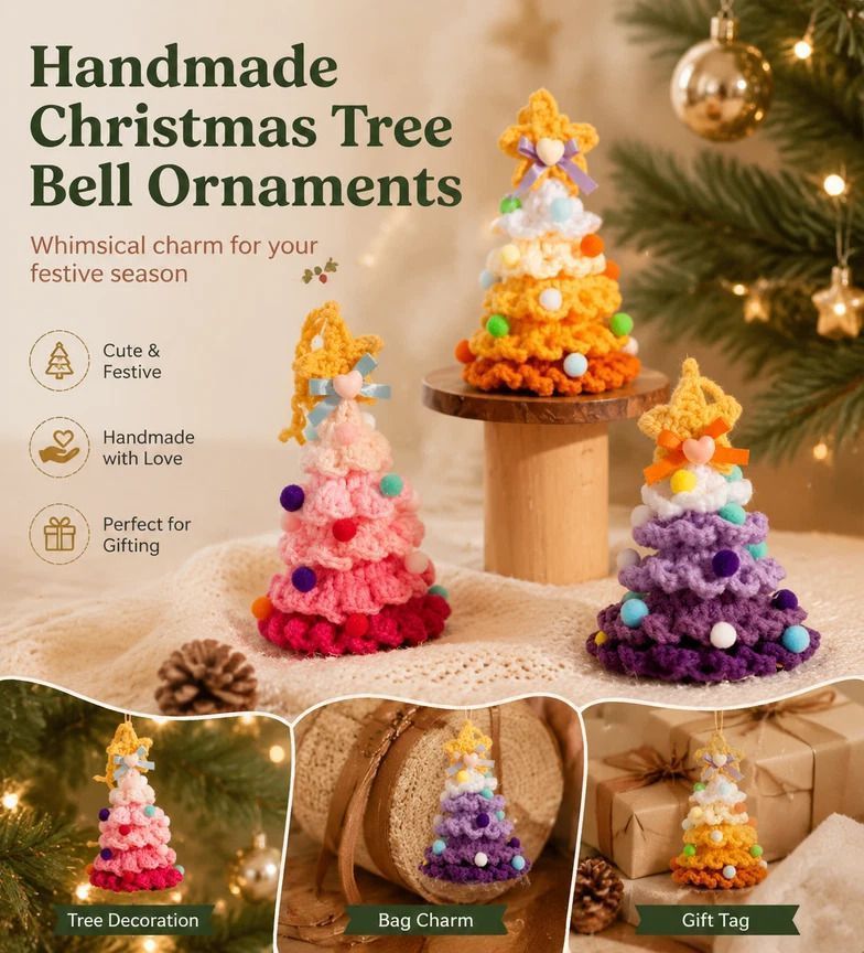 2 Pack Crochet Bell Ornament Style G Orange, Unique Xmas Gift