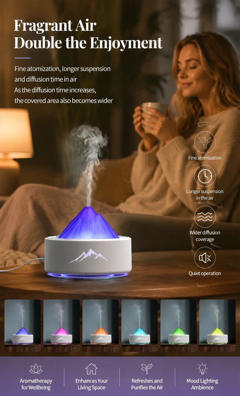 Volcano Aroma Humidifier, White, Bedroom Xmas Gift