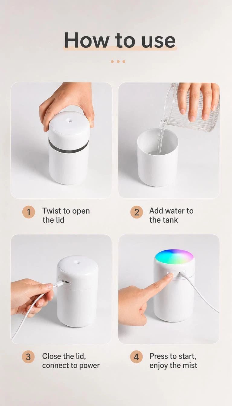USB Mini Humidifier 300ML Dual Cotton Wicks Grey Boxed, Christmas Gift