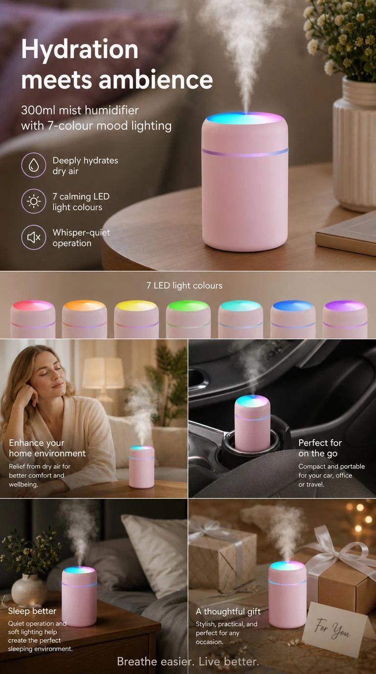 USB Mini Humidifier 300ML Dual Cotton Wicks Pink Boxed, Holiday Present