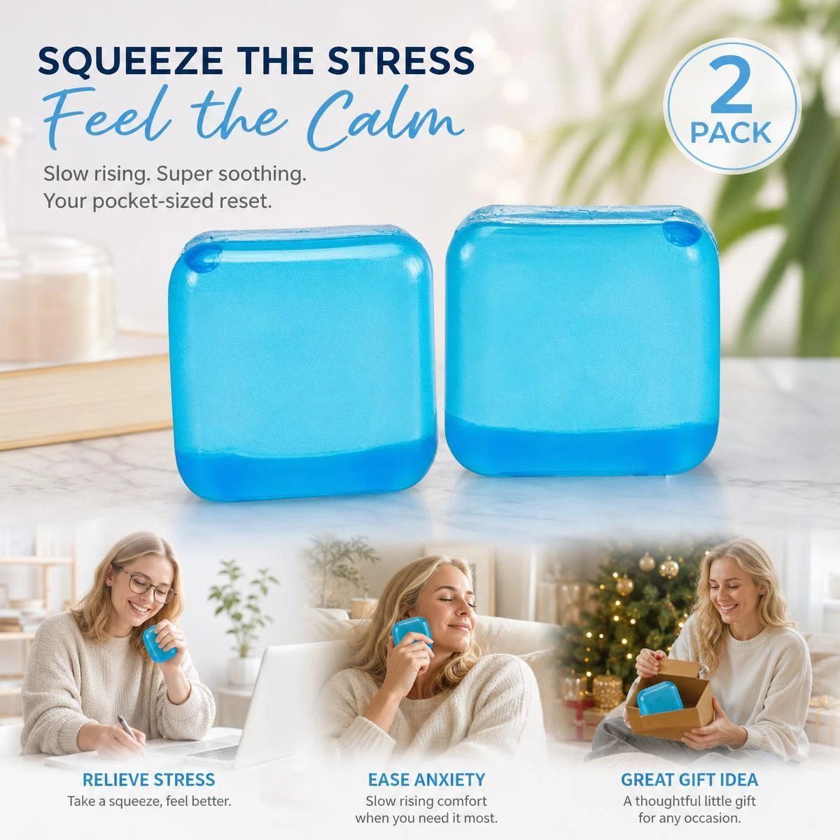 Slow-Rise Ice Cube Squishy Stress Toy - 2 Pack (Blue)