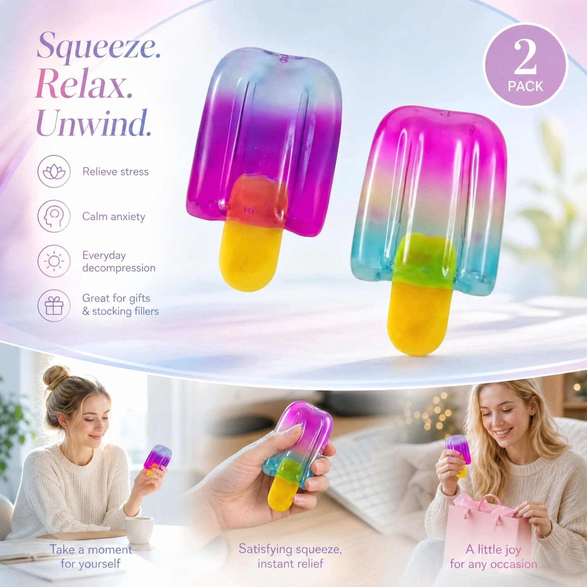Slow-Rise Popsicle Squishy Stress Toy - 2 Pack (Purple & Blue)