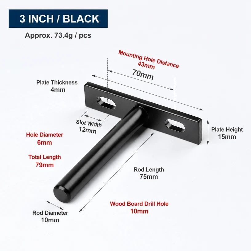3" Black Hidden T Shelf Bracket 2Pcs w/ 5x60&5x80 Screws