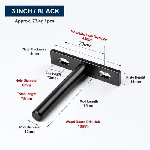 3" Black Hidden T Shelf Bracket 2Pcs w/ 5x60&5x80 Screws