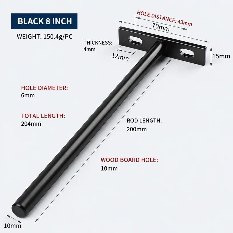 8" Black Hidden T Shelf Bracket 2Pcs w/ 5x60&5x80 Screws
