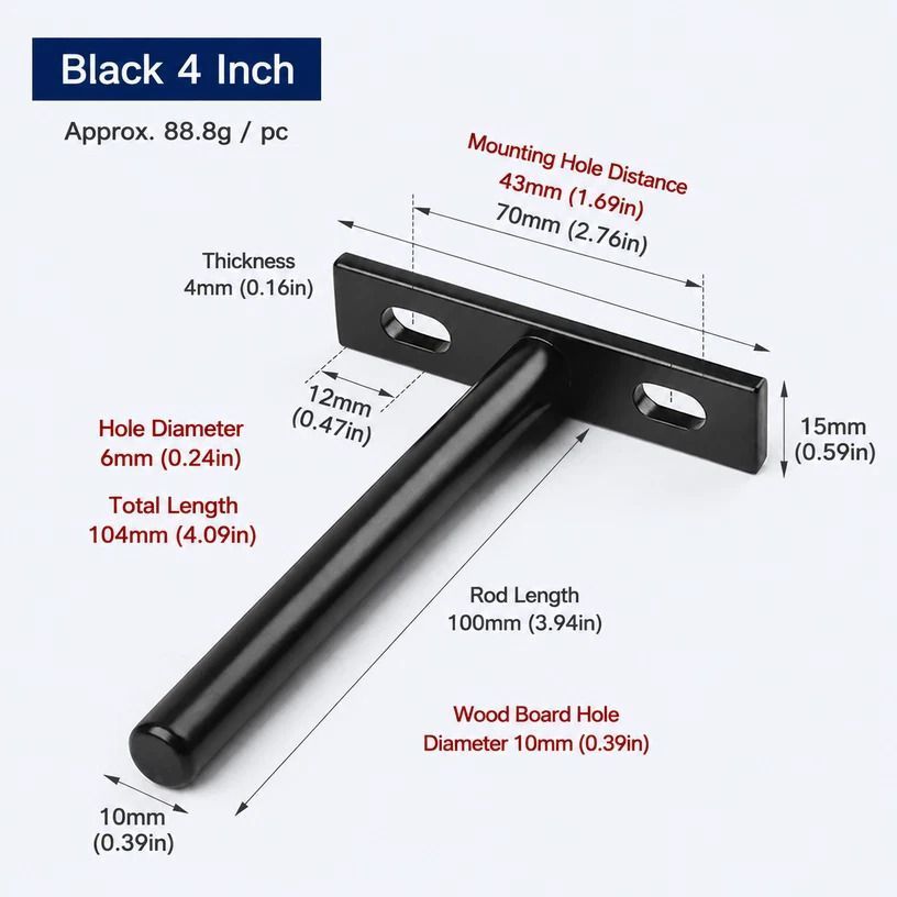 4" Black Hidden T Shelf Bracket 2Pcs w/ 5x60&5x80 Screws