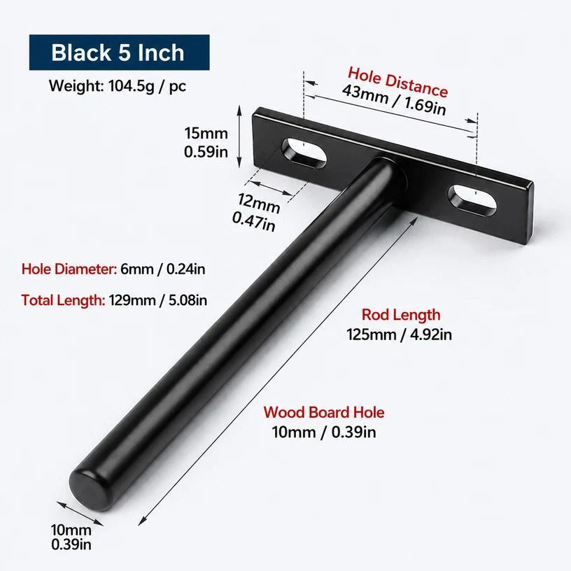 5" Black Hidden T Shelf Bracket 4Pcs w/ 5x60&5x80 Screws