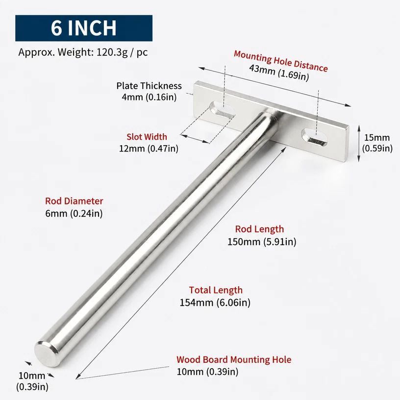 6" Nickel Hidden T Shelf Bracket 6Pcs w/ 5x60&5x80 Screws