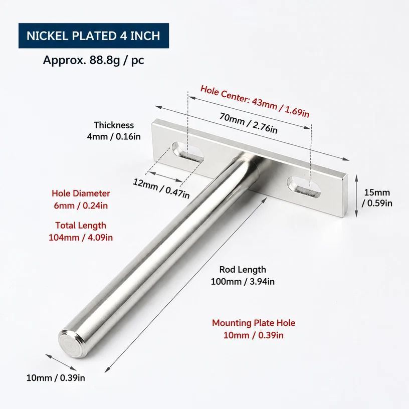 4" Nickel Hidden T Shelf Bracket 6Pcs w/ 5x60&5x80 Screws