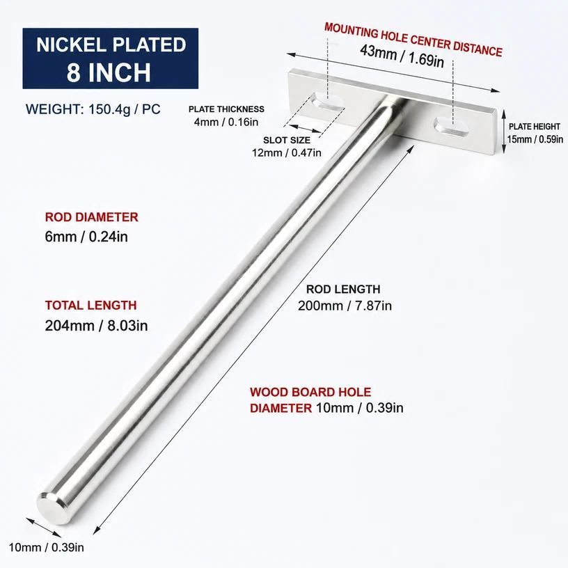 8" Nickel Hidden T Shelf Bracket 6Pcs w/ 5x60&5x80 Screws