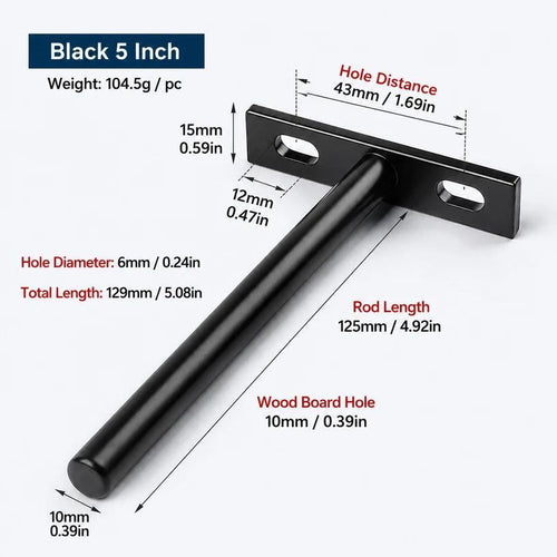5" Black Hidden T Shelf Bracket 6Pcs w/ 5x60&5x80 Screws