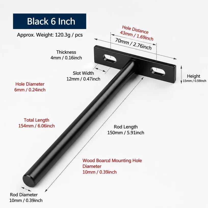 6" Black Hidden T Shelf Bracket 6Pcs w/ 5x60&5x80 Screws