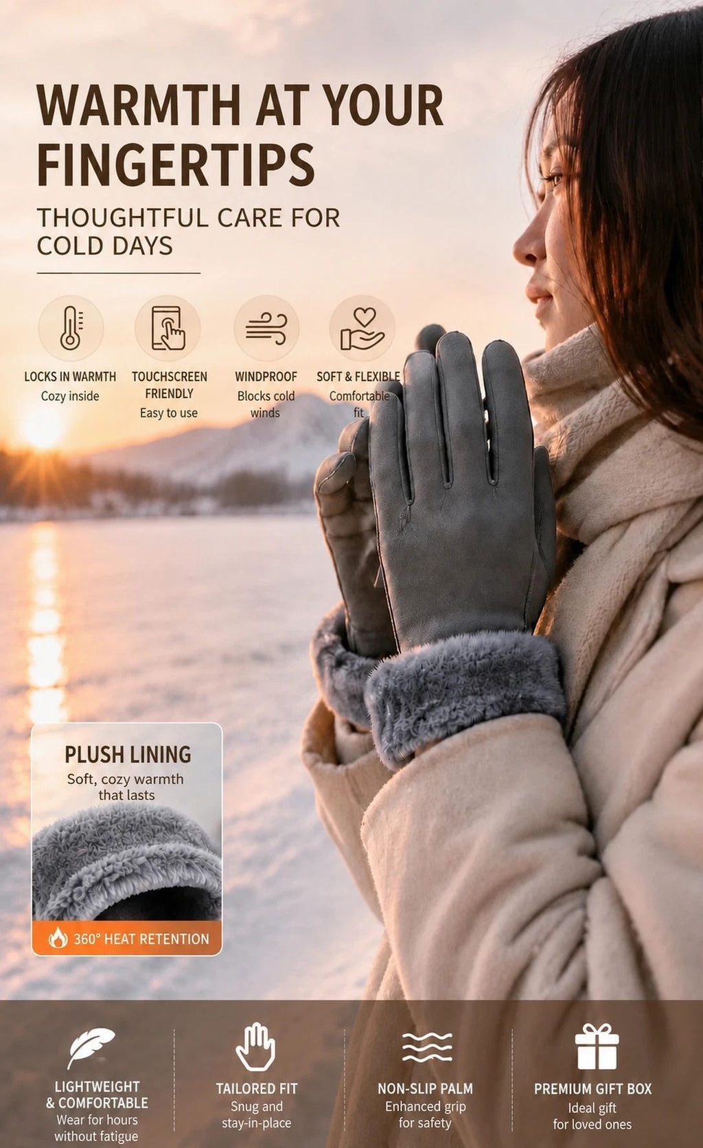 Grey Fur Cuff Women's Thermal Touch Screen Cycling Gloves