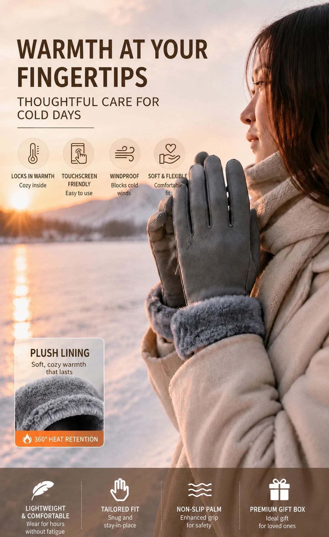 Grey Fur Cuff Women's Thermal Touch Screen Cycling Gloves