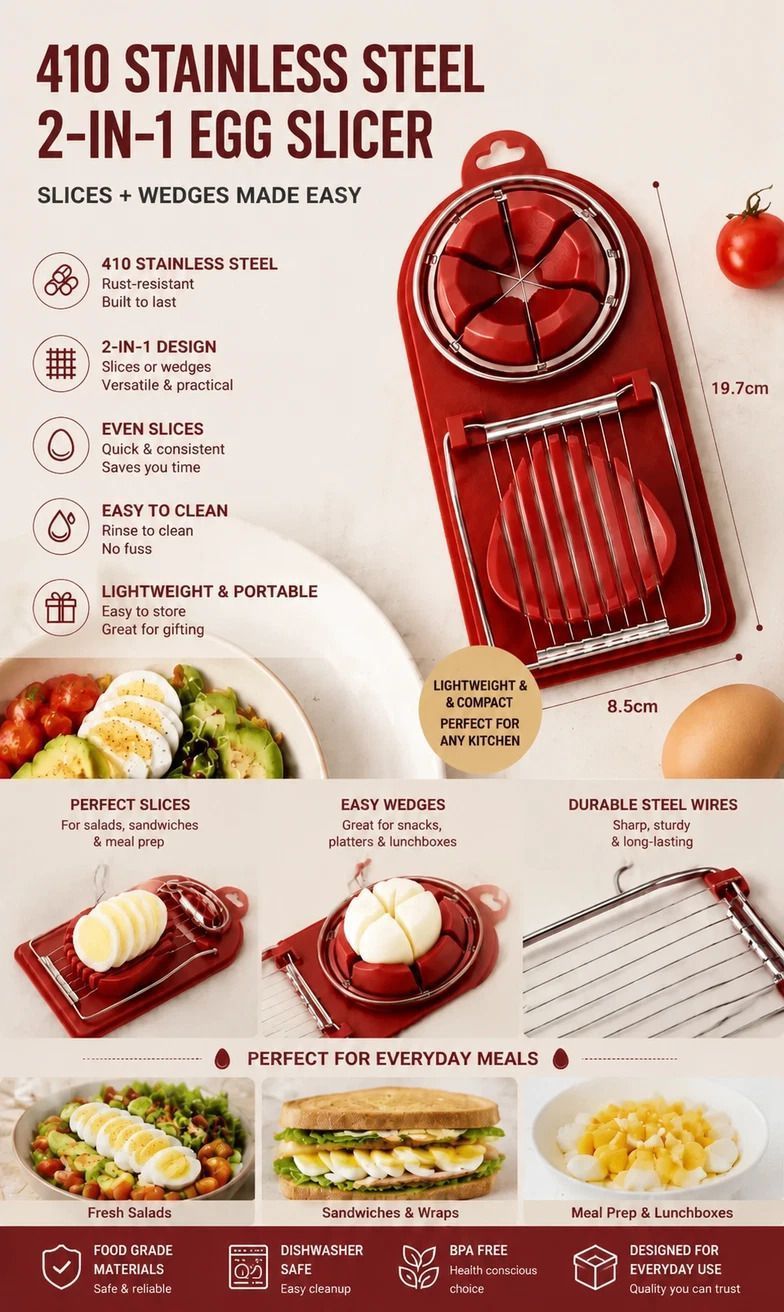 Red & White 2-in-1 Egg Slicer 2Pcs Practical Home Kitchen Gadget Set