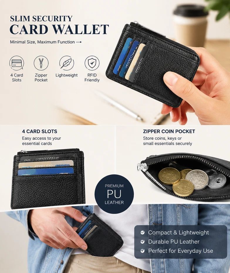 Brown Vertical Casual Card Wallet Lychee Texture Zipper Closure Multi Pocket Card Organizer