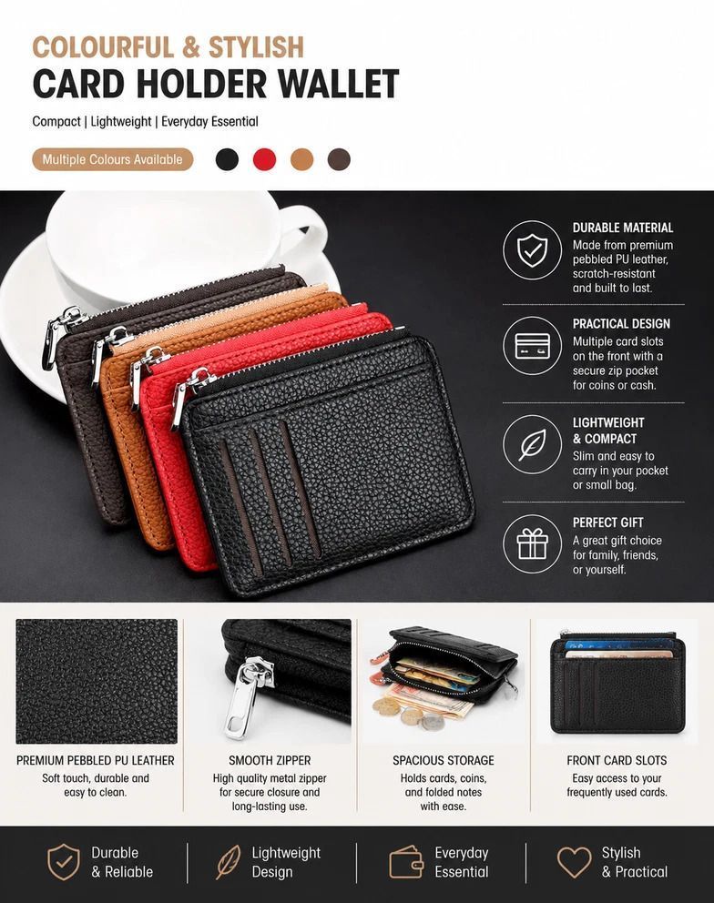 Coffee & Red Vertical Card Holder Combo Pack Lychee Grain All-match Coin Purse Set