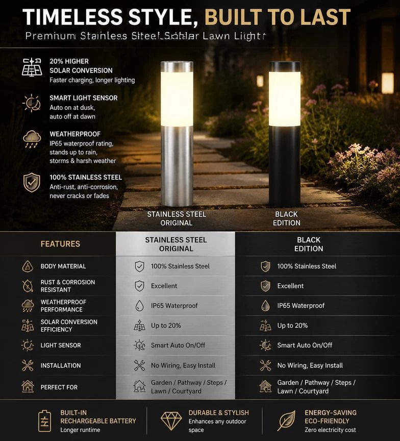 Small Black Warm White Solar LED Stainless Steel Lawn Light
