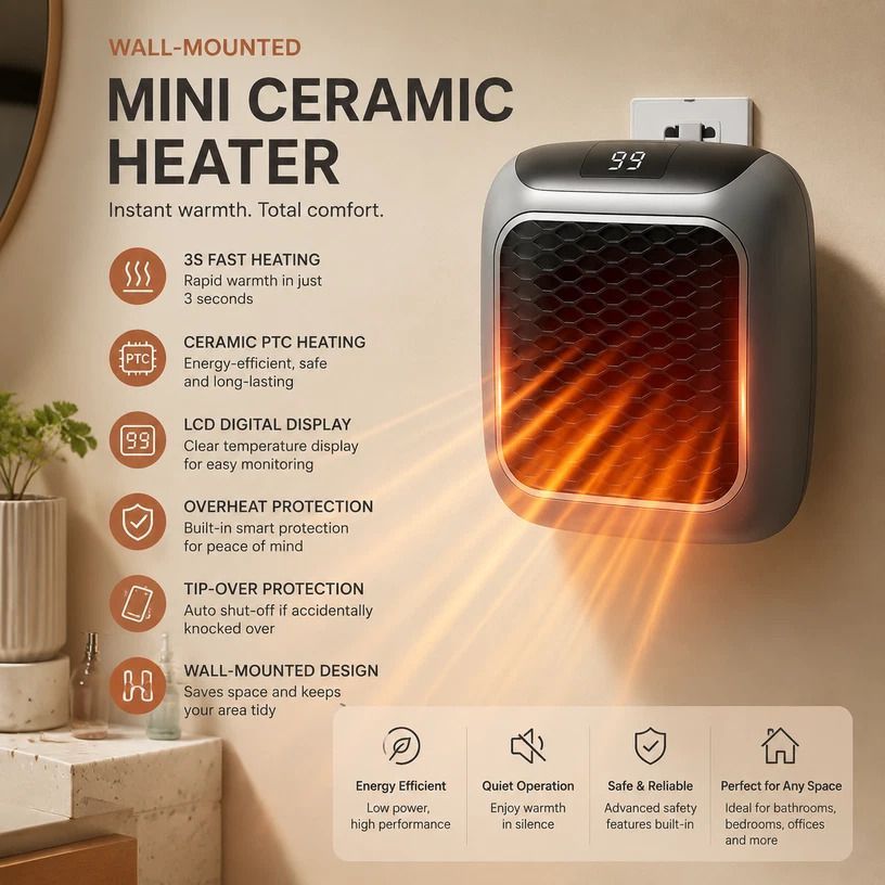 Wall Mounted Mini Fan Heater Remote Timer Portable Electric Heater Home Office