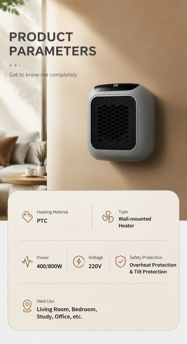 Wall Mounted Mini Fan Heater Remote Timer Portable Electric Heater Home Office