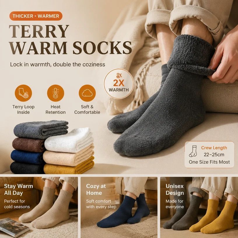 Navy Wool Lined Thermal Socks Unisex Thick Terry Winter Socks 3 Pairs