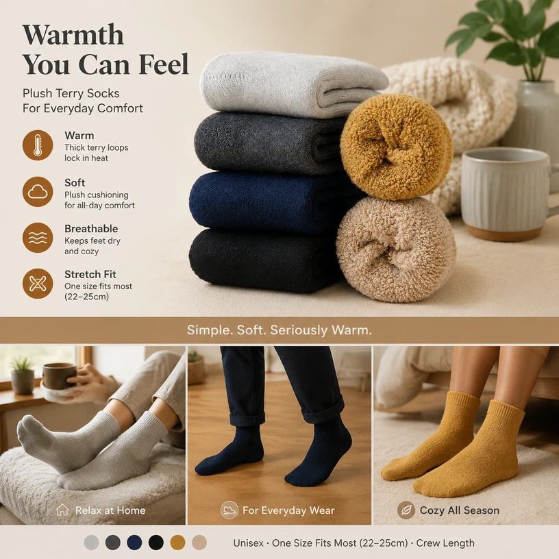 Light Grey Warm Fleece Terry Wool Socks Adult Unisex Loose Top Winter Socks 6 Pairs