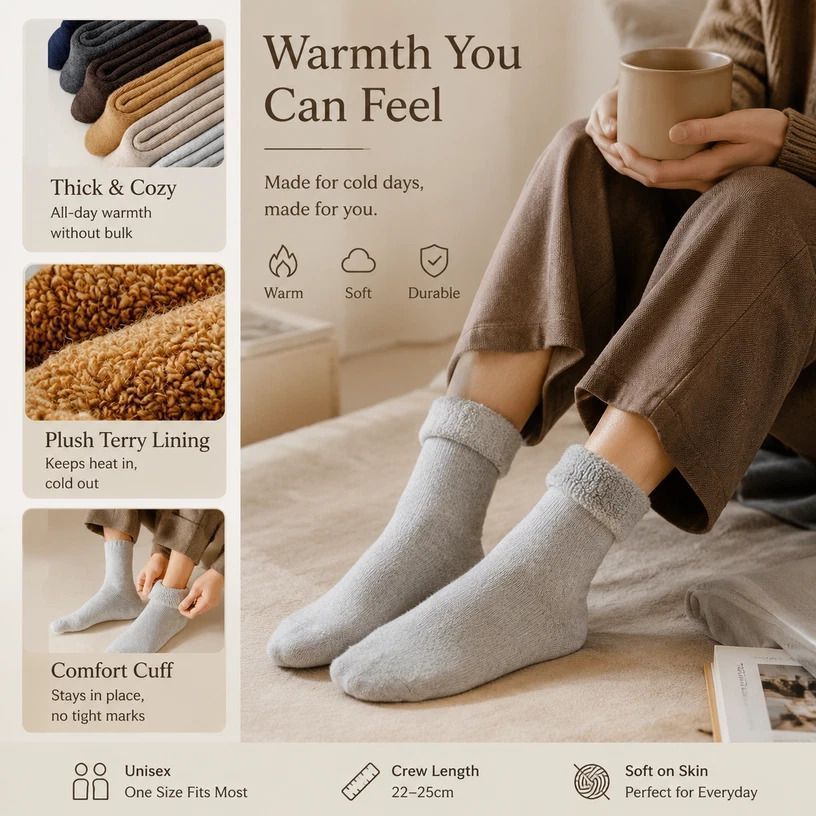 Dark Coffee Warm Fleece Terry Wool Socks Adult Unisex Loose Top Winter Socks 6 Pairs