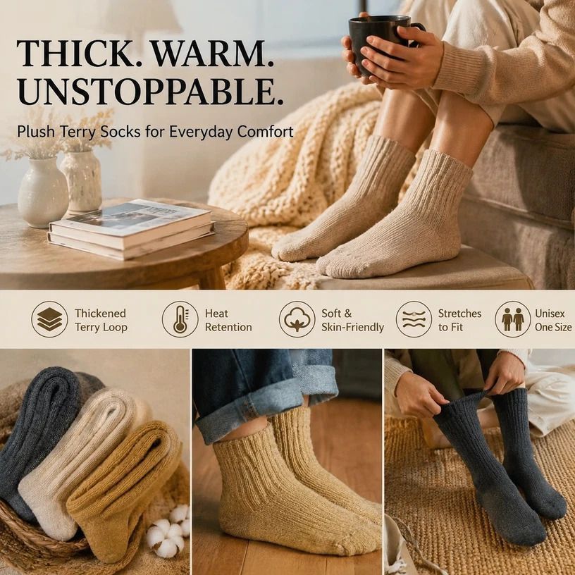 Brick Red Warm Fleece Terry Wool Socks Adult Unisex Loose Top Winter Socks 6 Pairs