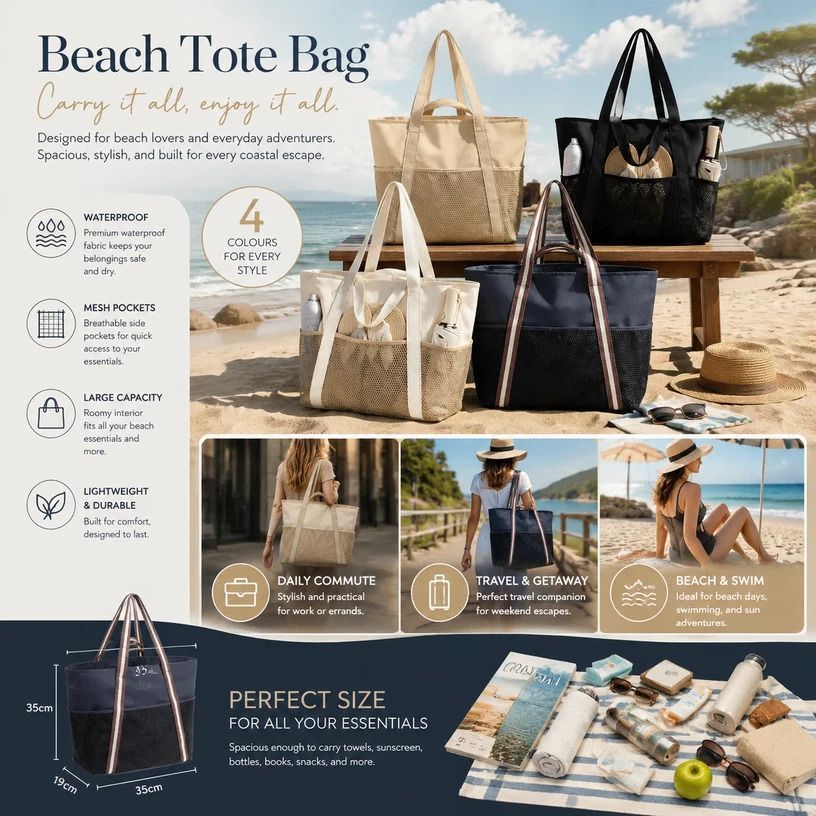 Beige Waterproof Travel Tote Large Capacity Beach Carry Bag