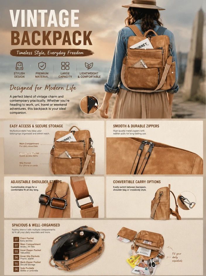 Two-Tone Coffee Textured Women Retro Backpack Multi Functional Large Capacity Bag