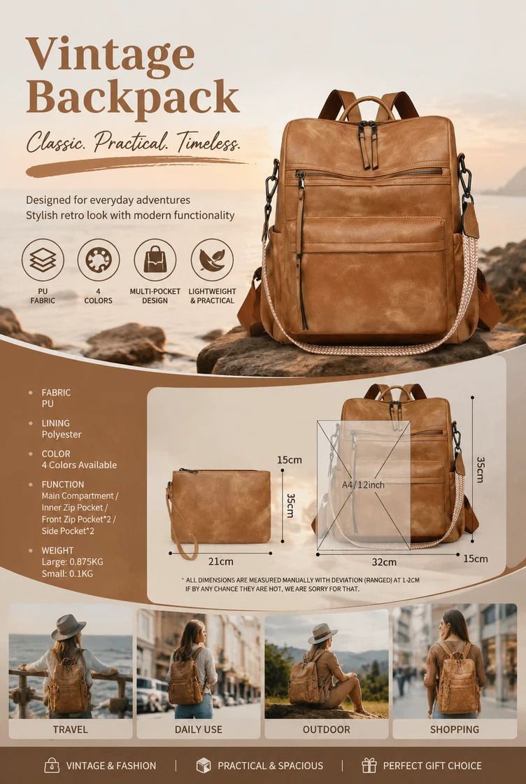 Two-Tone Coffee Textured Women Retro Backpack Multi Functional Large Capacity Bag