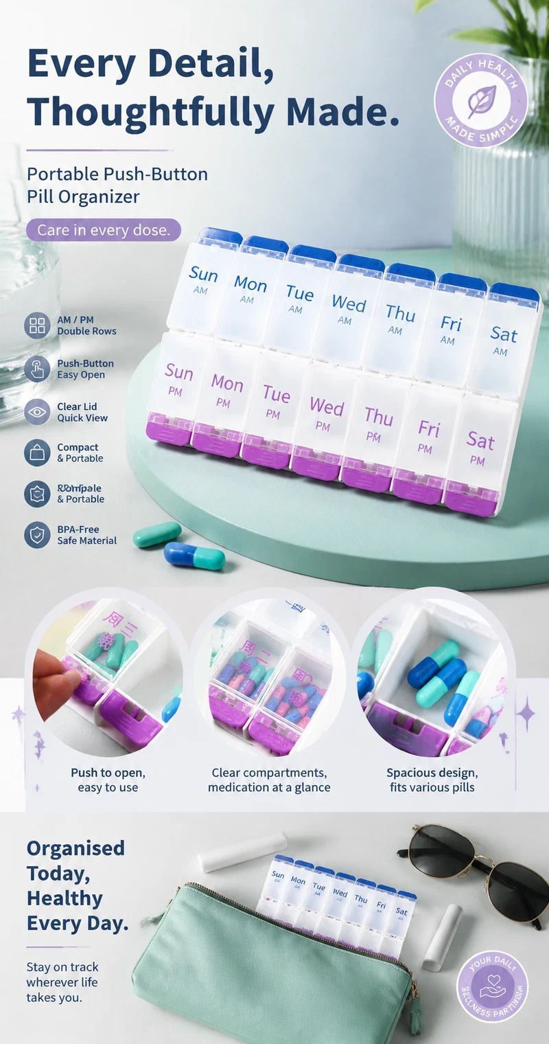 Double Row 14 Compartment Weekly Pill Container Portable Press Medicine Box 4Pcs