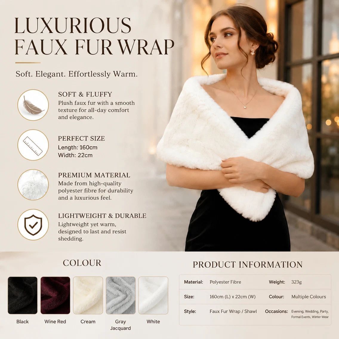 Wine Red Female Faux Fur Stole Fluffy Wrap For Party Occasions