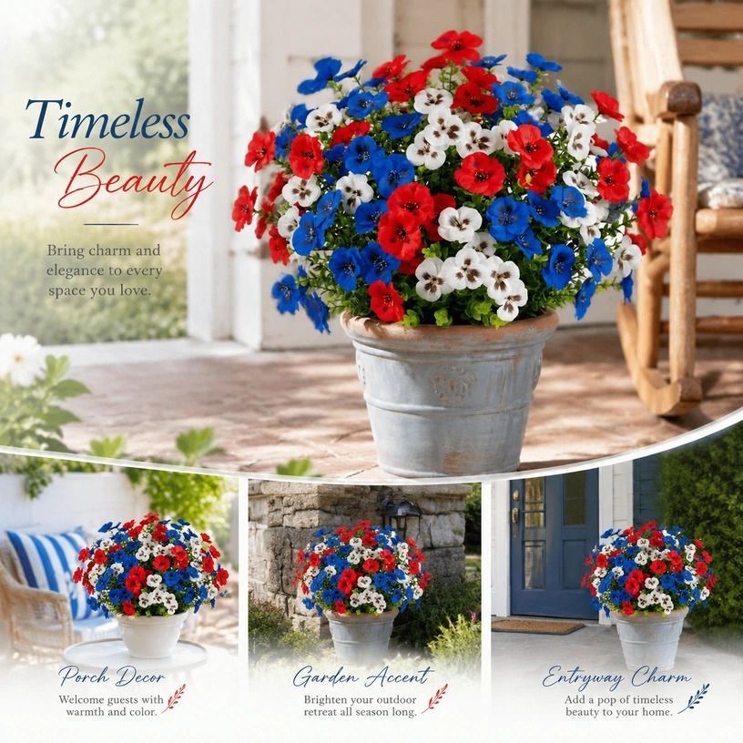 White & Red Mixed Faux Eucalyptus Pansy Stems Table Decor Set of 10