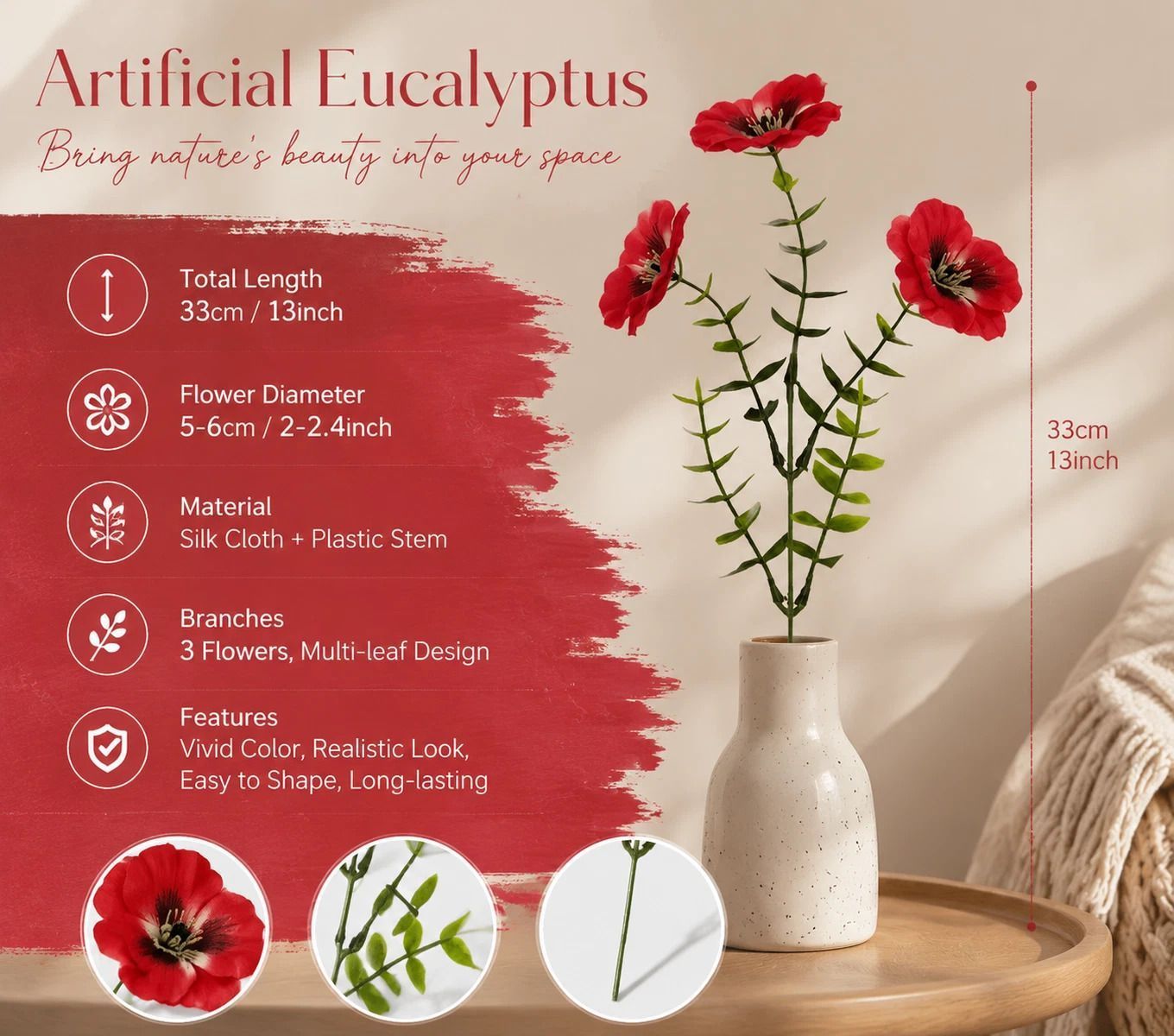 White Red Blue Mixed Faux Eucalyptus Pansy Stems Home Vase Decor Set of 12