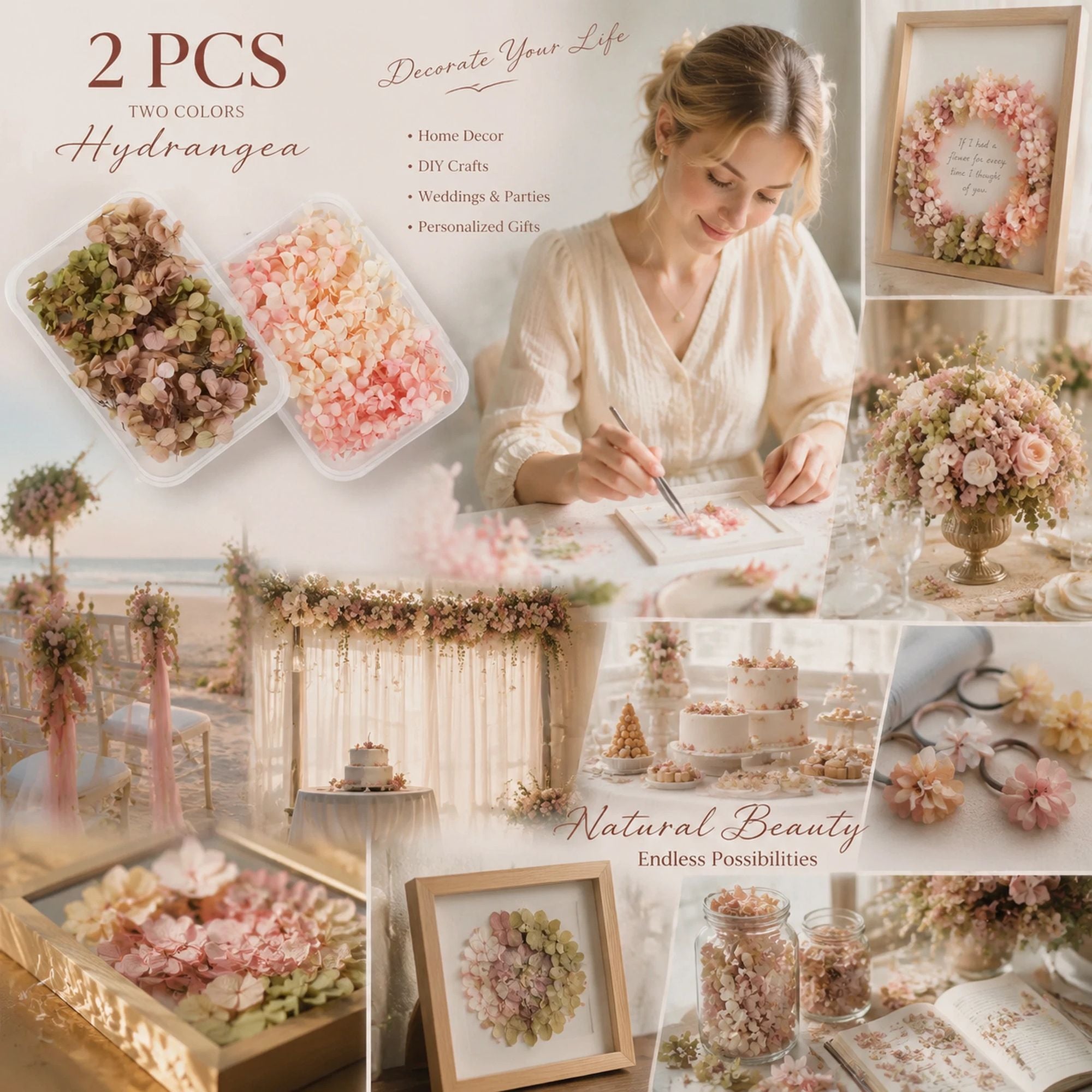 Agate Blue & Champagne Tone Preserved Hydrangea Wedding DIY Accessory Kit 2 Boxes